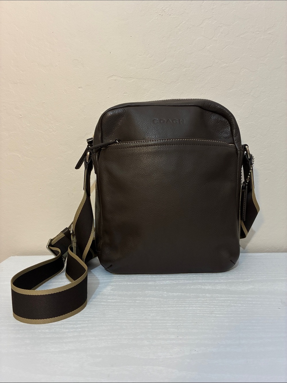 Coach Dark Brown Leather Messenger Crossbody with Stripe Strap